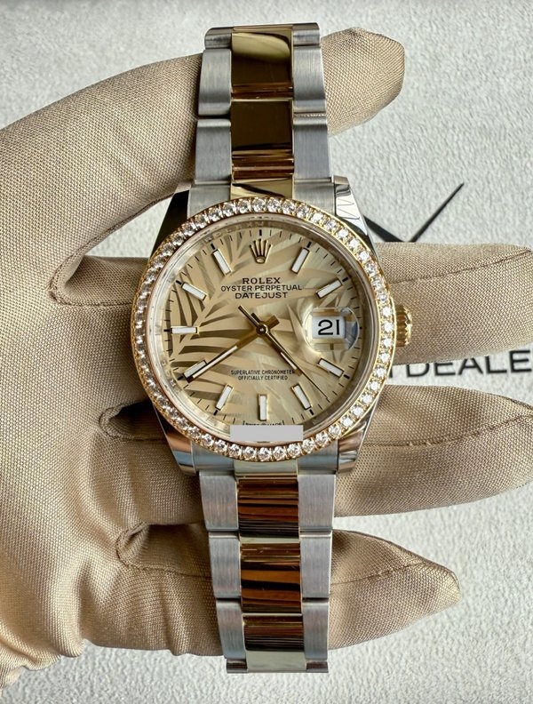 Rolex Two Tone Datejust Palm Dial Diamond Bezel 